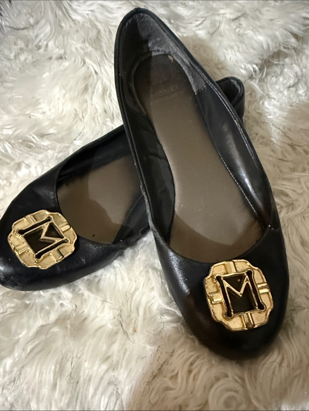 Monet Black Leather Ballet Flats with Gold M Medallion